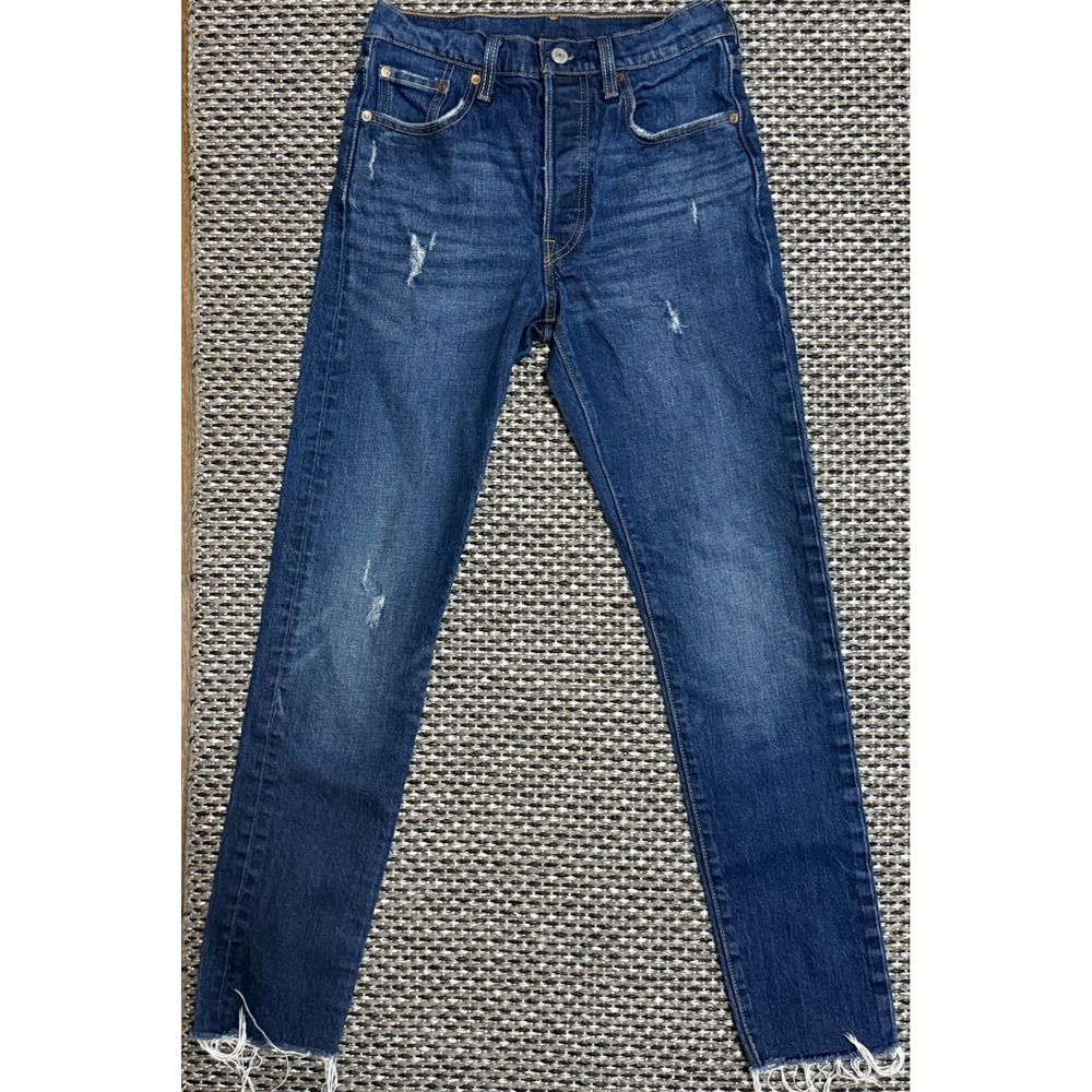 Levis Womens 501 S Skinny Jeans Button Fly Raw Hem Distressed Dark Wash 25x30